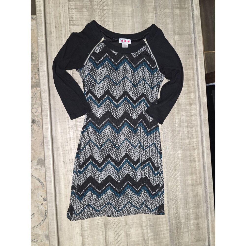 Three Pink Hearts Gray/Blue/Black Stretchy Sweater Dress size small